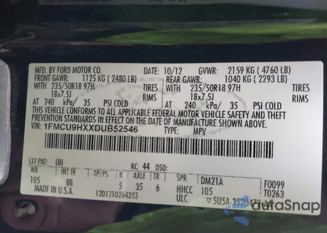 2013 Ford Escape Sel из США, поврежденный, VIN 1FMCU9HXXDUB52546